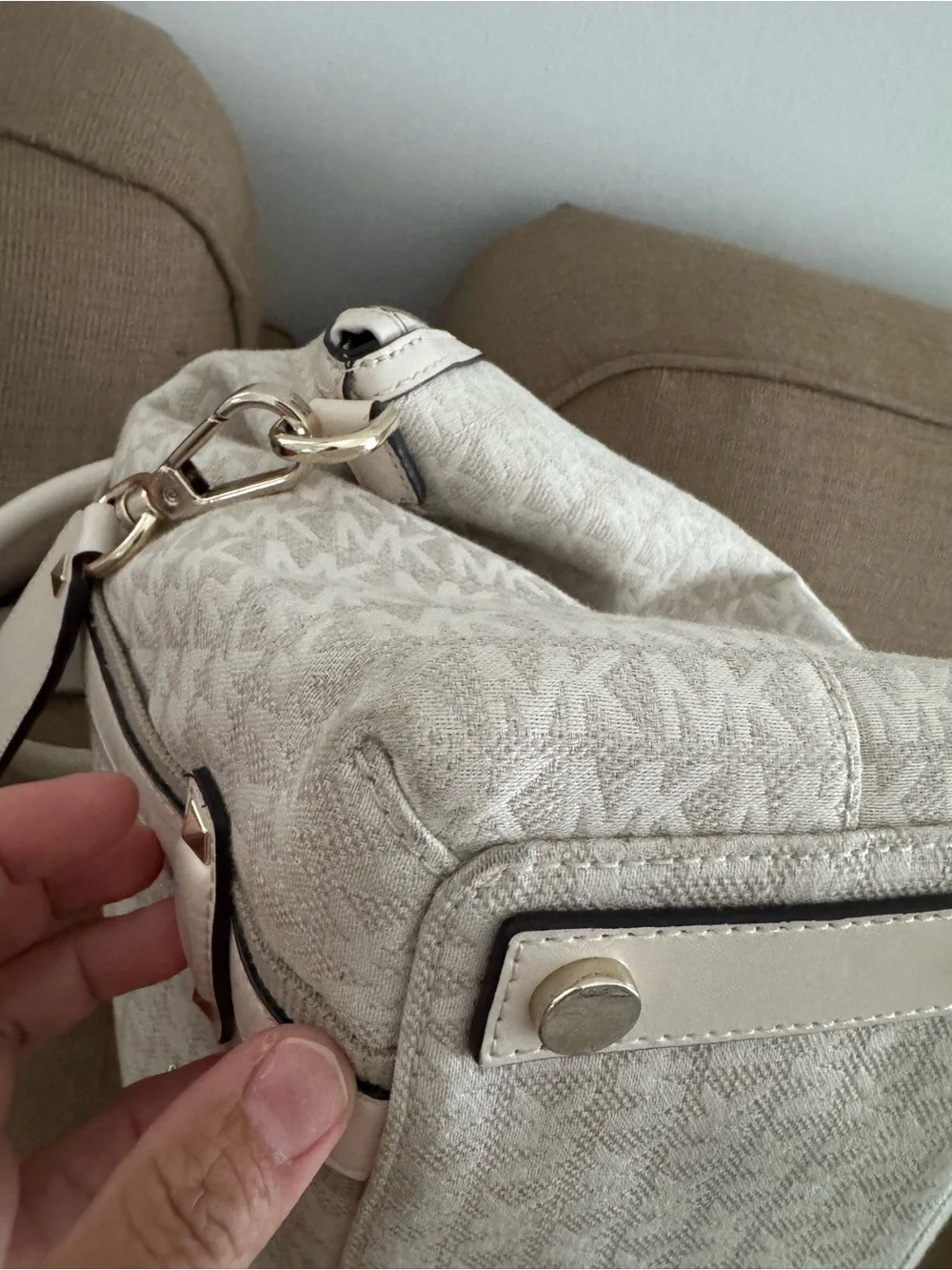 Michael Kors Cream Monogram Satchel with Gold Hardware
